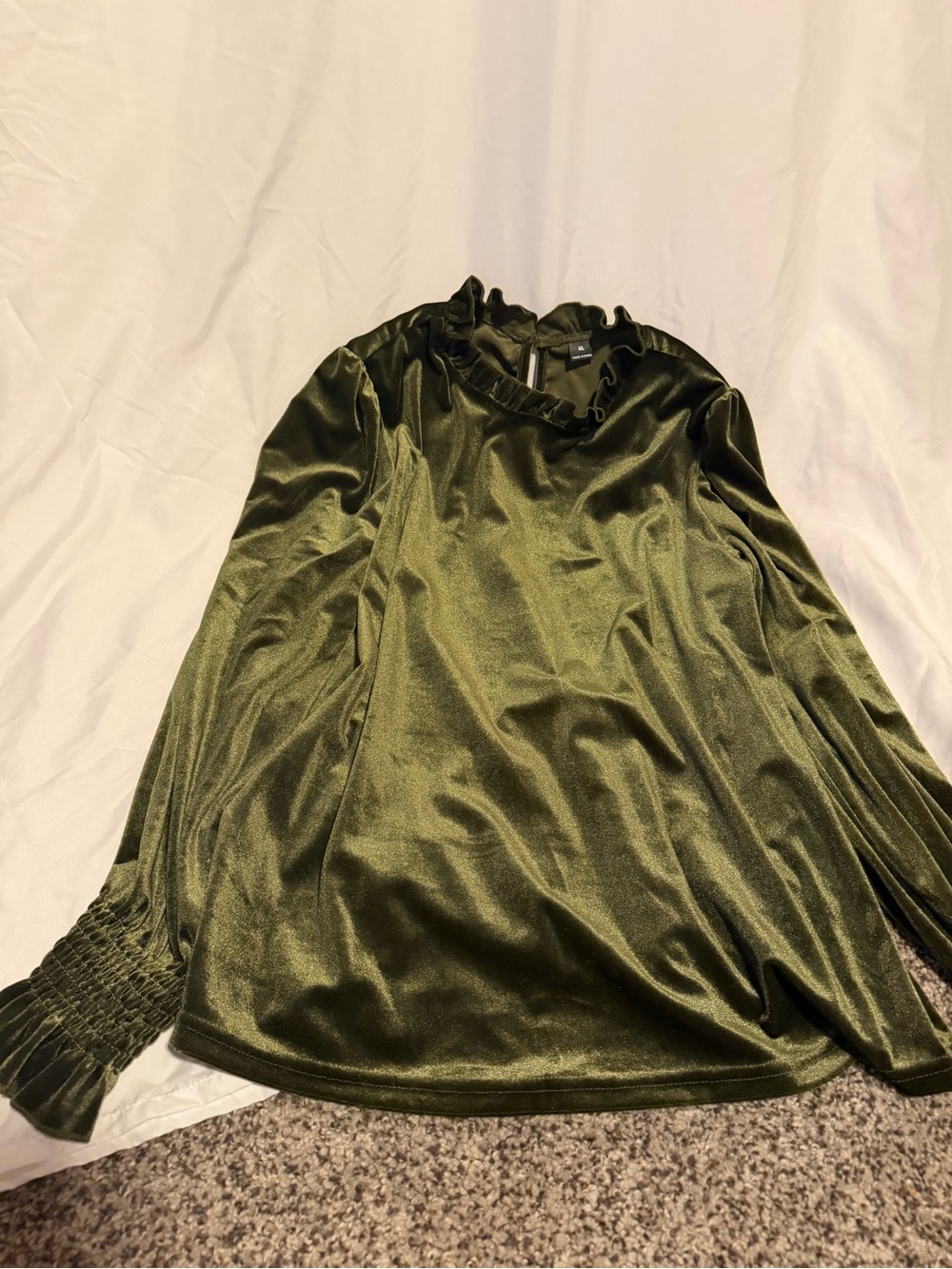 SHEIN Olive Green Velvet Ruffle Neck Blouse